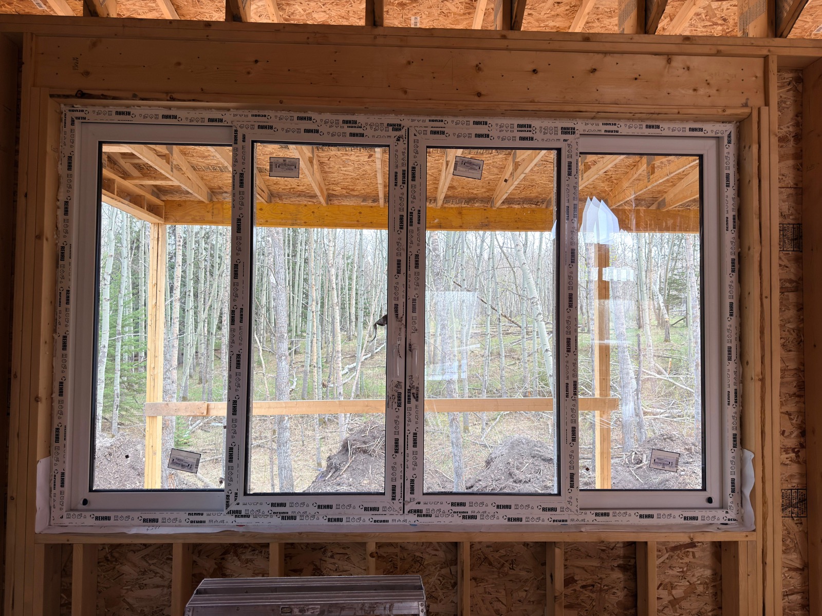 Four-pane REHAU picture window run installed in framed wall, forest beyond